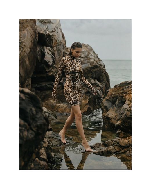 Monosuit Brown Viscose Animal Long Sleeve Turtleneck Bodycon Shoulder Pad Party Futuristic Mini Dress With Gloves