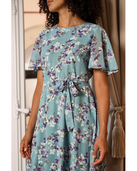 Yumi' Blue Blossom Skater Midi Dress With Angel Sleeves