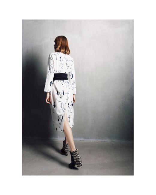 Julia Allert Natural White Designer Fitted Dress With Faces Print