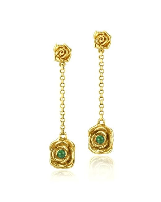 Unaloe Metallic Plated Rose Drop Earrings With Emerald Stone – Jewelry For