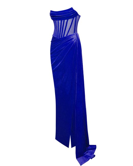 Miss Circle New York Blue Priya Royal Draping Corset High Slit Velvet Gown