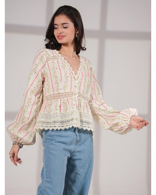 Rose & Nancy Natural Neutrals Ellen Crochet Trim Cotton Blouse
