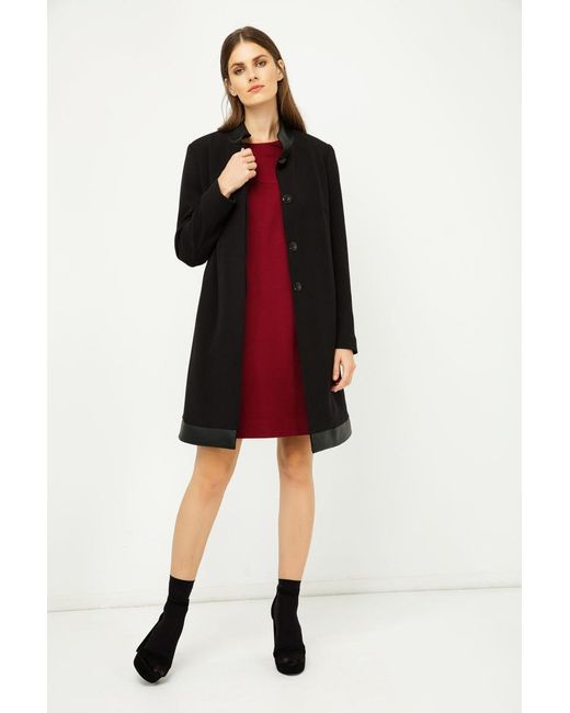 Conquista Black Coat With Pleather Detail