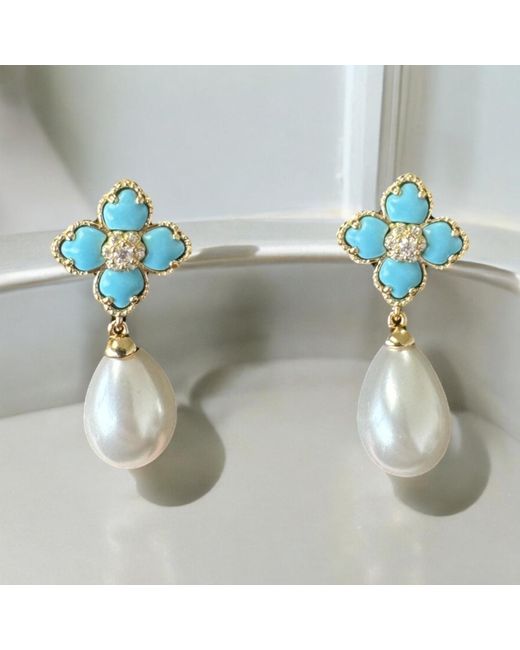 Latelita London Blue Flower Clover Pearl Drop Earrings