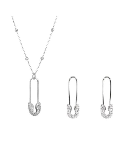 Spero London Metallic Sterling Jewelled Safety Pin Necklace With Beaded Chain & Earring Set