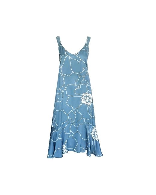 Haris Cotton Blue Printed Satin Maxi Dress With Straps And Ruffled Hem Peonies