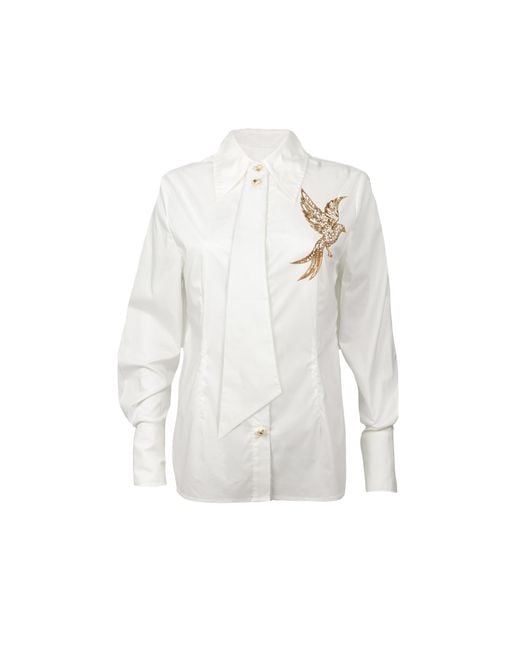 House of Laines London White Laines Couture Tie Shirt With Embellished Bird Of Paradise