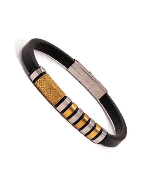 Ebru Jewelry Brown Fleur-De-Lis Dual Tone Leather Bracelet for men