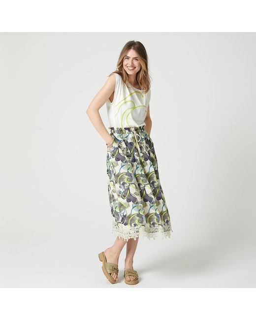 Lalipop Design Green Linen Tiered Drawstring Skirt With Trims Of Lace Appliques