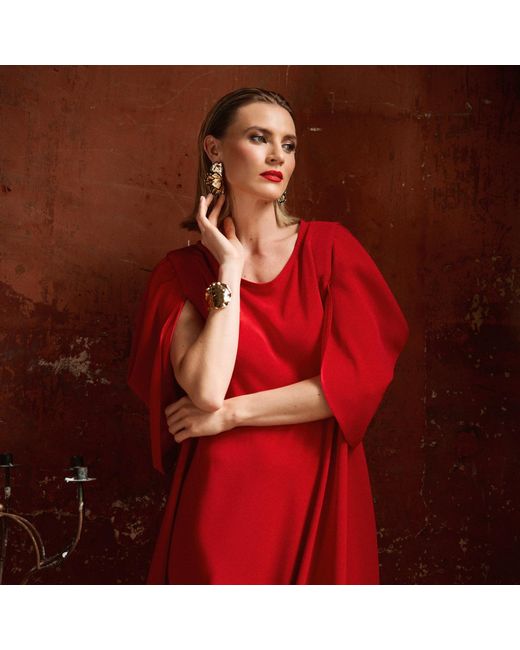 Monessa Joan Red Draped Dress With Detachable Sleeves