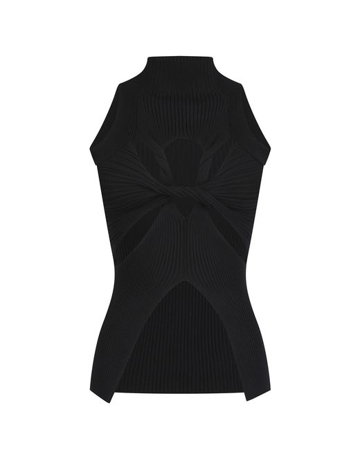 AMAANALUX Black High Neck Twisted Cut Out Top