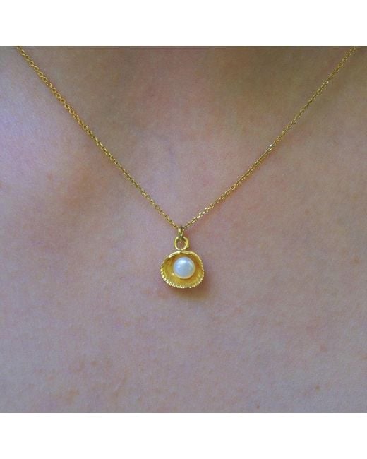 Mother Nature Jewelry Metallic Sea Shell & Pearl Necklace, Handmade Minimalist Pendant