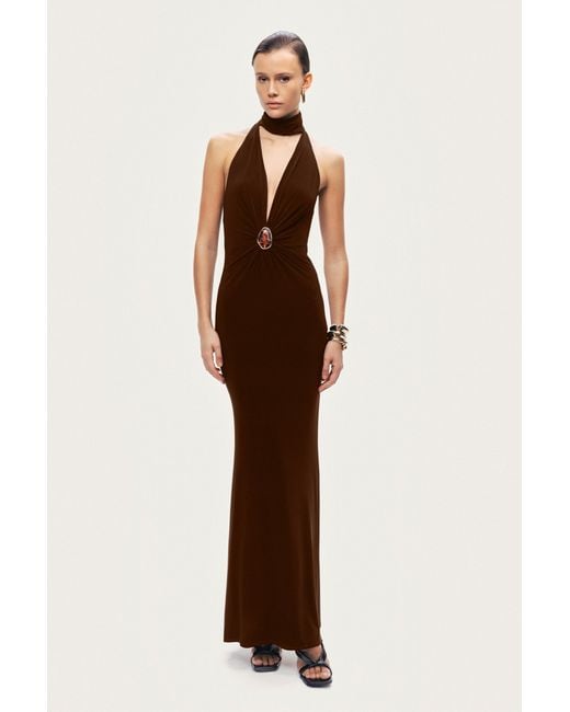 Nocturne Brown Halter-Neck Draped Maxi Dress