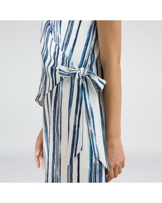 Smart and Joy Blue Stripe Print Wrap Effect Dress
