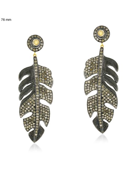 Artisan Metallic Natural Diamond & Moonstone With 18k Gold Silver Feather Design Dangle Earrings