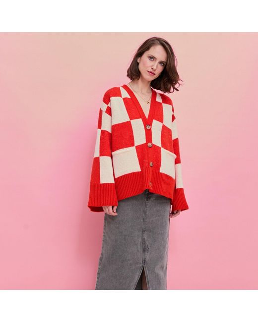 Cara & The Sky Red Candice Checked Wide Sleeve Cardigan
