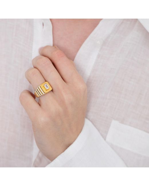LINYA JEWELLERY Metallic Octagon Stone Enamel Signet Ring