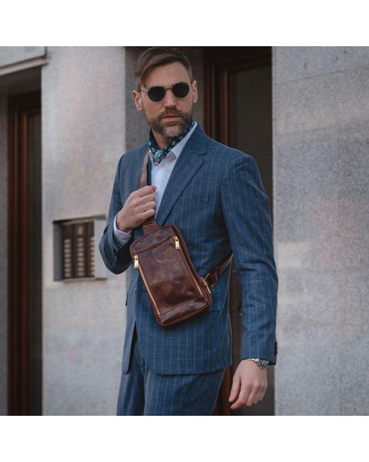 Time Resistance Brown Leather Sling Bag Chest Bag for men
