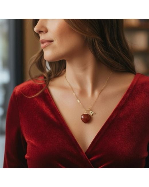 VALERIE CHIC Metallic Initial Letter Carnelian Heart Necklace