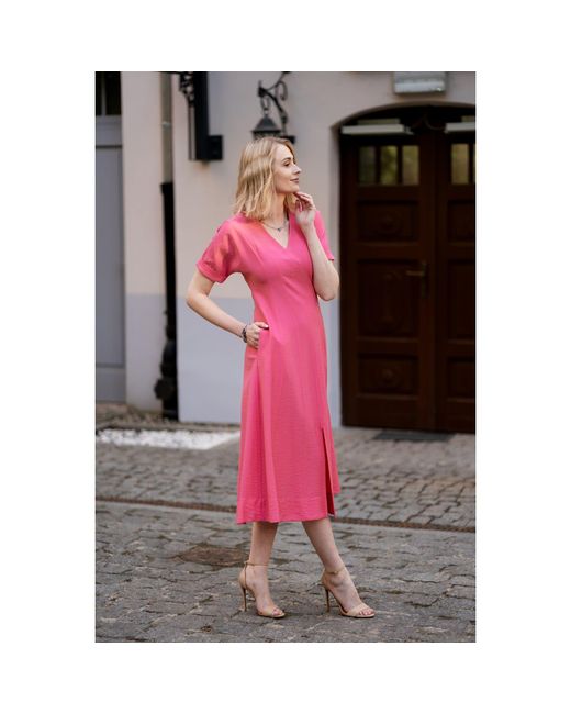 Oh!Zuza Pink Echo Viscose Midi Dress Short Sleeve With Pockets
