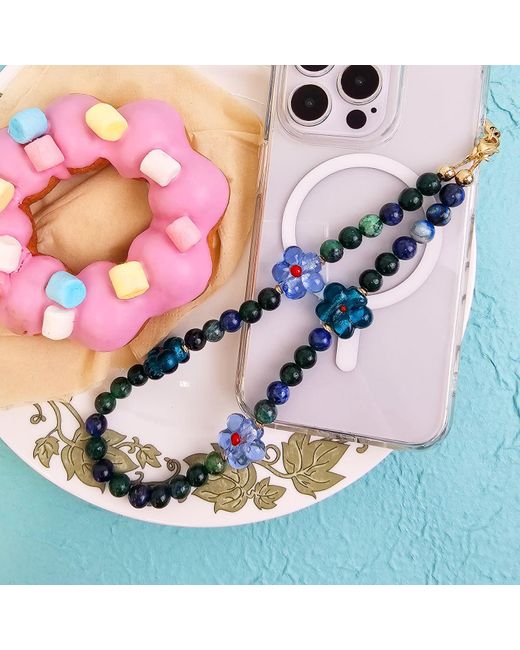 Farra Blue Phoenix Lapis Gemstone With Flowers Phone Semiprecious Stone Strap