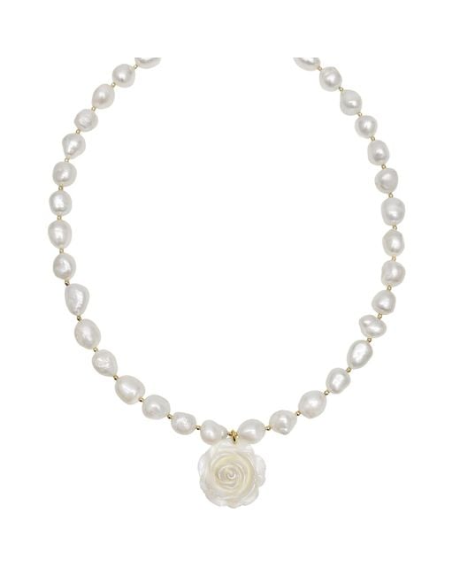 Farra Metallic Freshwater Pearls With Rose Pendant Choker Necklace