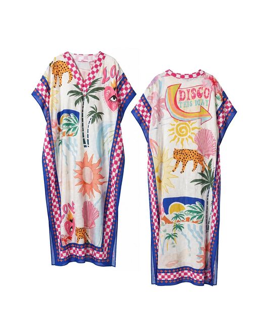 LOVEIST STORE Red Mercy Tropical Graphic Pop Linen-Feel Kaftan Abaya