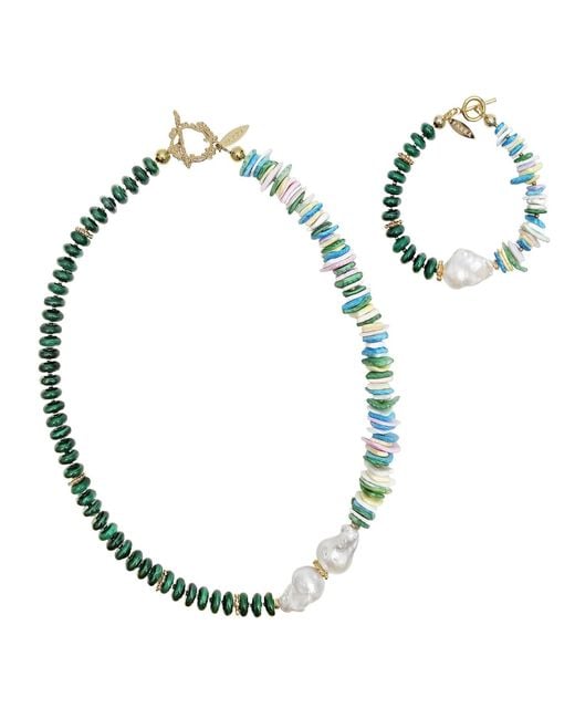 Farra Blue Malachite With Colorful Shell Baroque Pearl Necklace And Bracelet Set