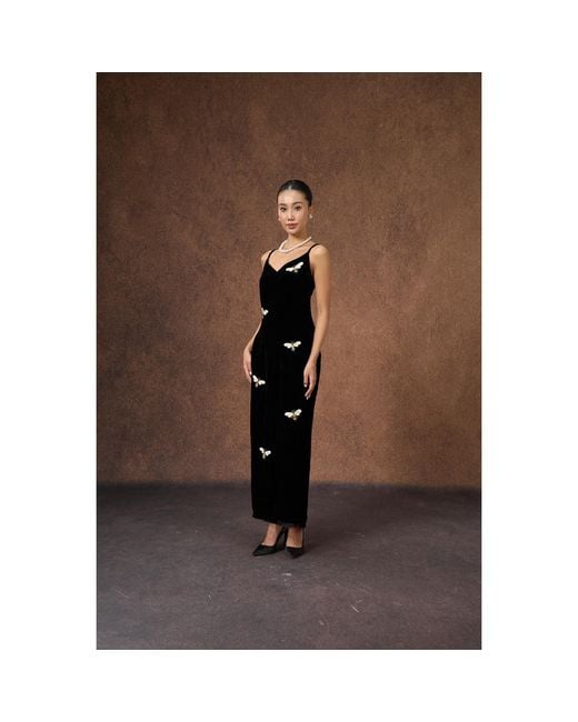 Silk and Bears Black Hand-Embroidered Bee Silk Velvet Evening Dress