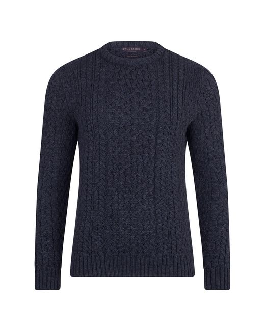 Paul James Knitwear Blue Fisherman's British Wool Johnson Cable Jumper for men