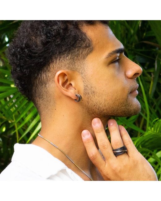 Ebru Jewelry Black Sterling & Leather Hoop Earring With Accent for men