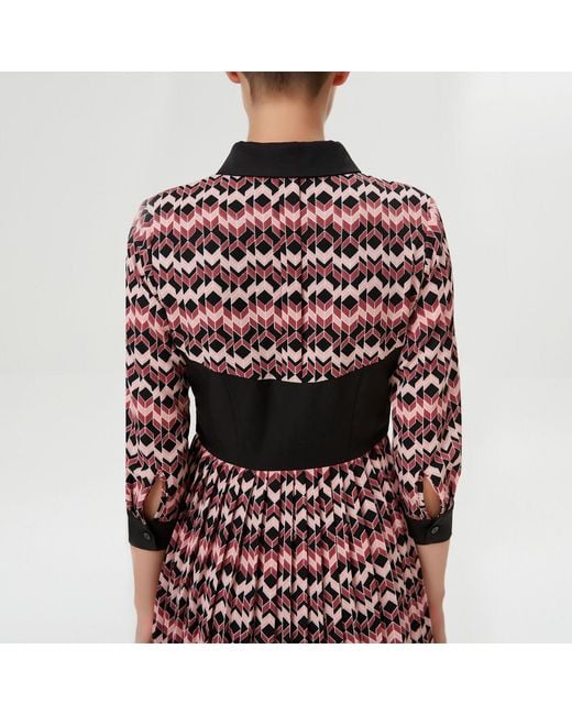 Smart and Joy Red Bi-Material Pleated Shirt Dress With Appliqué Belt & Herringbone Print