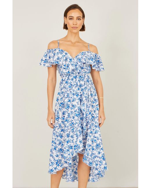 Yumi' Blue Floral Print Bardot Midi Dress With Dip Hem