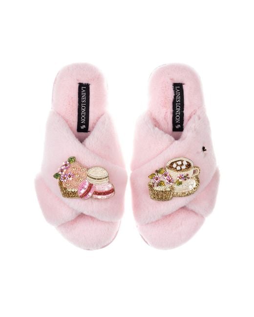 Laines London Pink Classic Laines Slippers With Mother's Day Macaroon Brooches