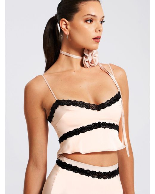 Miss Circle New York Gray Neutrals Yareli Lace Trim Satin Strappy Top