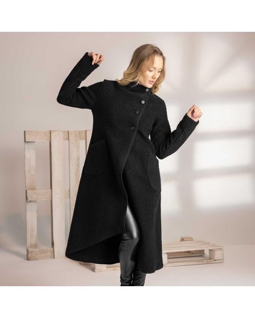 Nikka Place Black Wool Asymmetrical Wrap Cardigan Coat With Buttons And Pockets