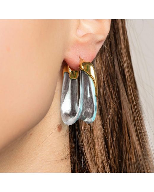 Gold & Honey Blue Diamond Sculpted U Lucite Birthstone Hoop Earrings