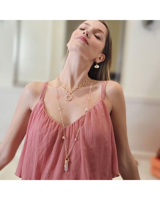 Farra Metallic Wire-Wrapped Rose Quartz Pendant With Watermelon Flower Long Necklace