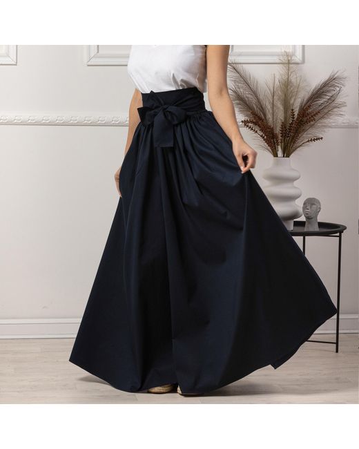 Nikka Place Blue Long Flared Skirt With High Waist & Front Bow