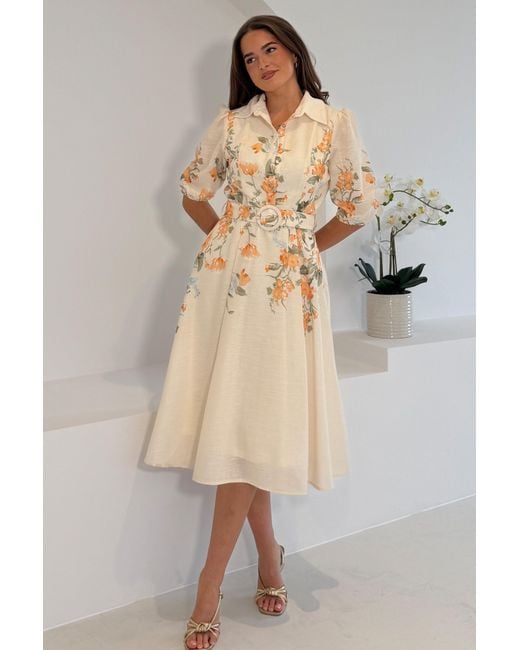 Girl In Mind Natural Renata Floral Boarder Print Print Midi Dress Cream