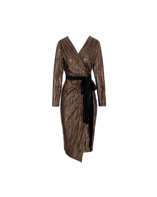 concept A trois Brown Plisse Cocktail Dress With Long Sleeves And Velvet Cord