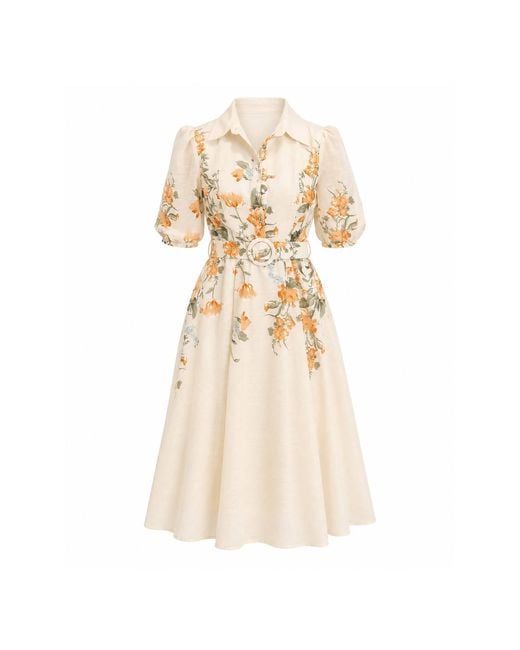 Girl In Mind Natural Renata Floral Boarder Print Print Midi Dress Cream