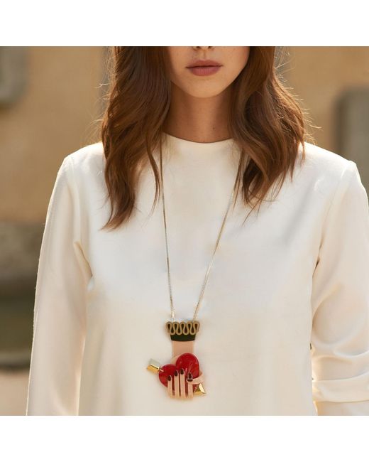Gissa Bicalho White Acrylic Handmade Necklace Pendant Hand Heart Burgundy