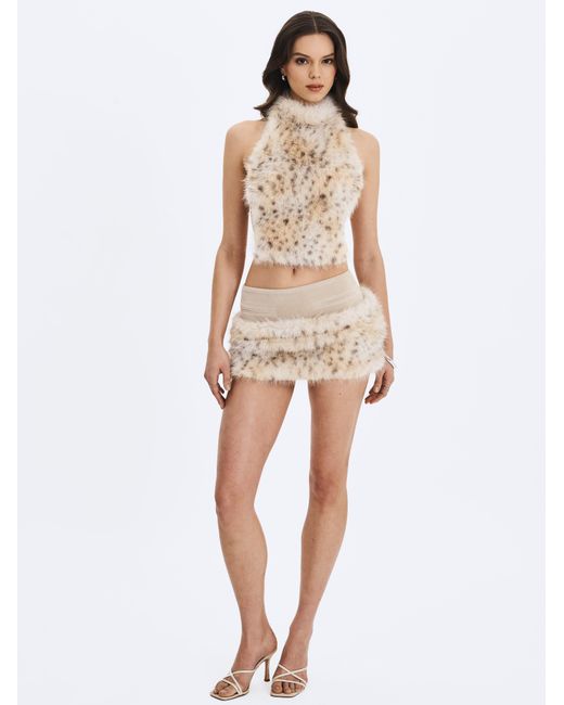 Miss Circle New York Gray Neutrals Sasha Tan Cheetah Backless Contoured Fur Halter Top