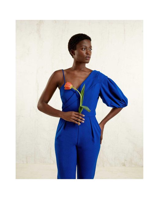 Femponiq Blue Peak Lapel Puff Sleeve Crepe Jumpsuit