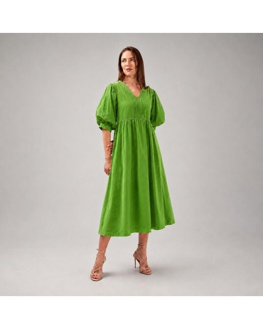 IZABELA MANDOIU Green Cotton Midi Dress With Puff Sleeves And Lace Inserts