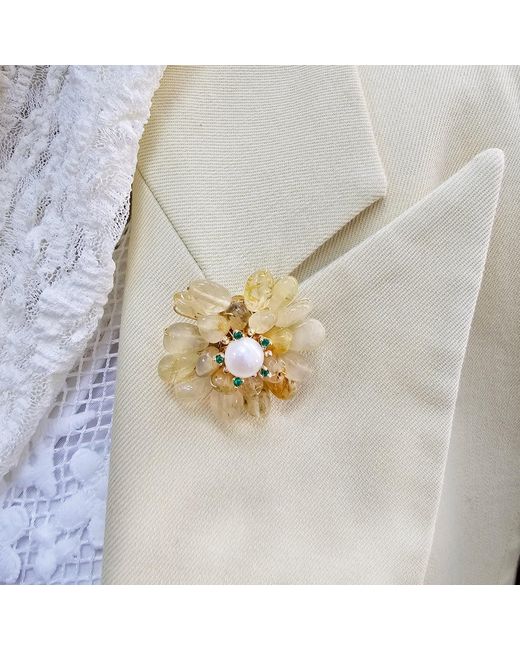 Farra Metallic Prosperity Citrine Beads Flower Brooch