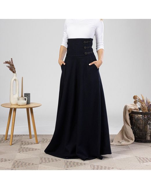 Nikka Place Blue Empire Waist Maxi Wool Skirt With Double Row Buttons