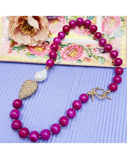 Farra Red Gemstone With Baroque Pearl Pendant Statement Necklace