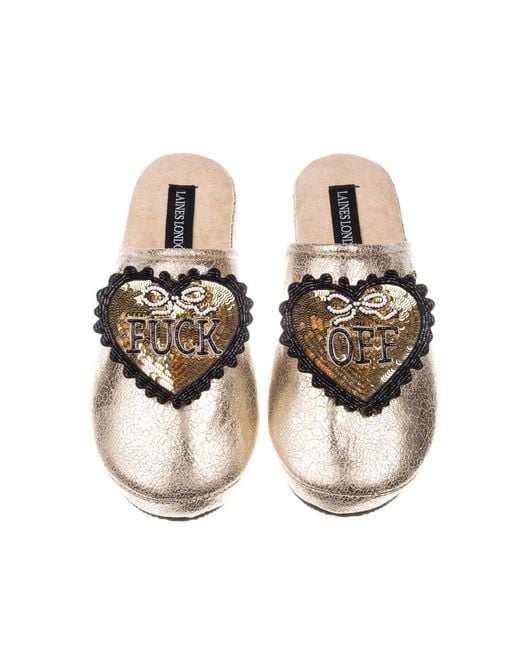 Laines London Metallic Softie Slippers With & Fuck Off Brooches